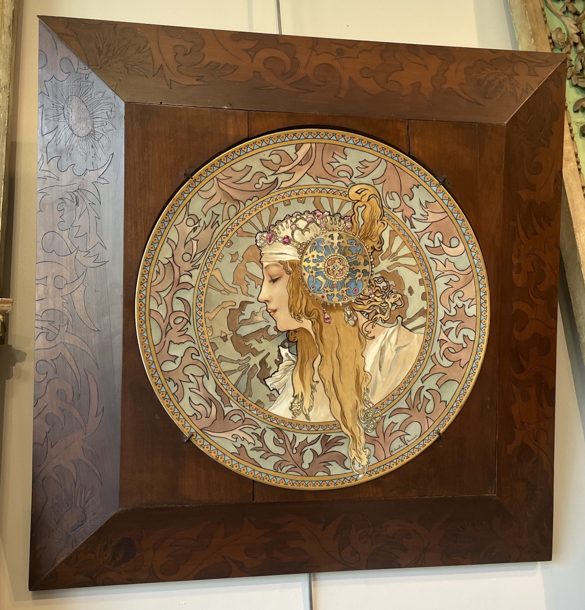 Paire de Plats en Céramique d'après Mucha  signés Gosselin-Journaud époque 1900-photo-3