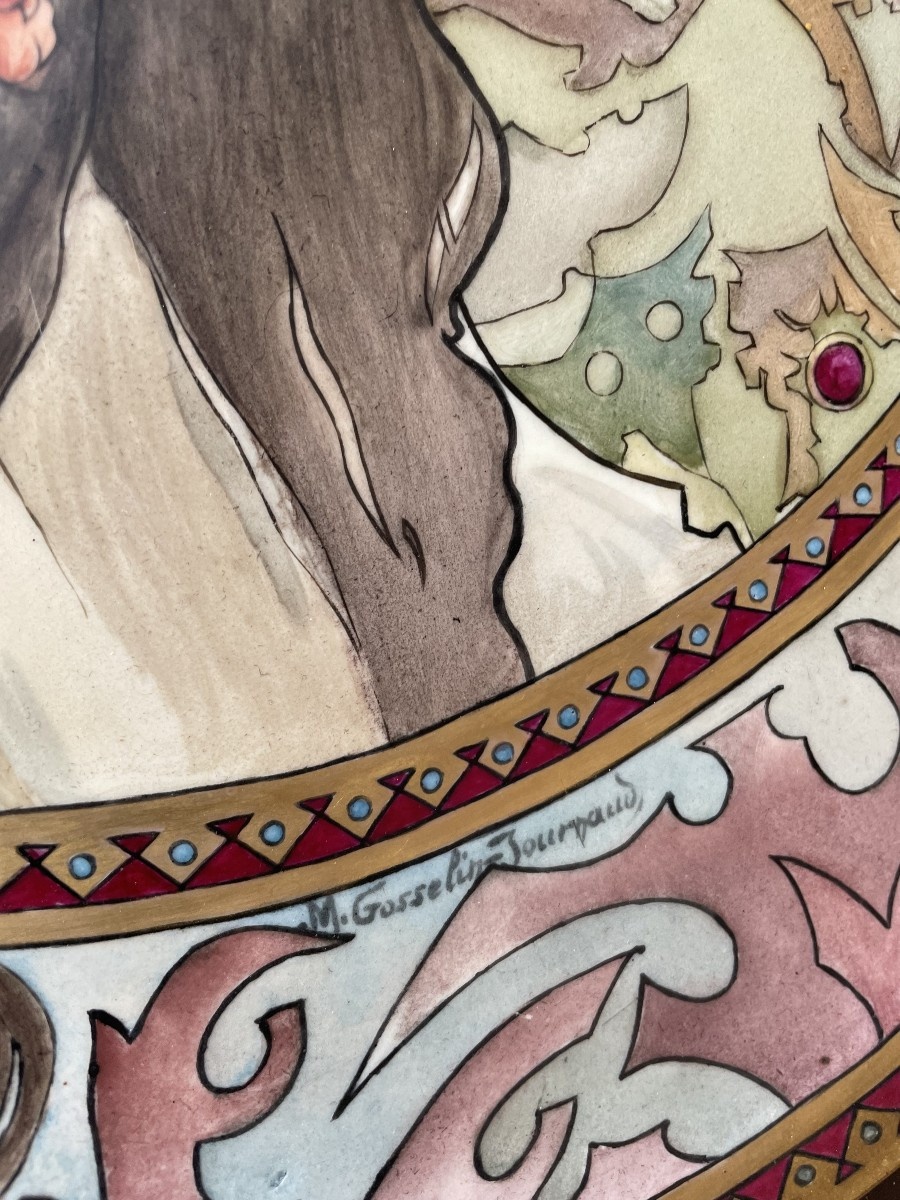 Paire de Plats en Céramique d'après Mucha  signés Gosselin-Journaud époque 1900-photo-1