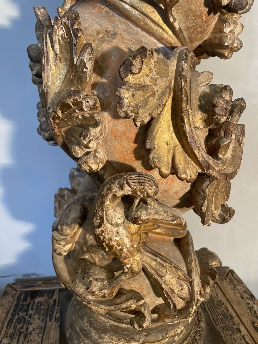 Pair Of Painted And Gilded Wood Columns Italy 17th Century-photo-3