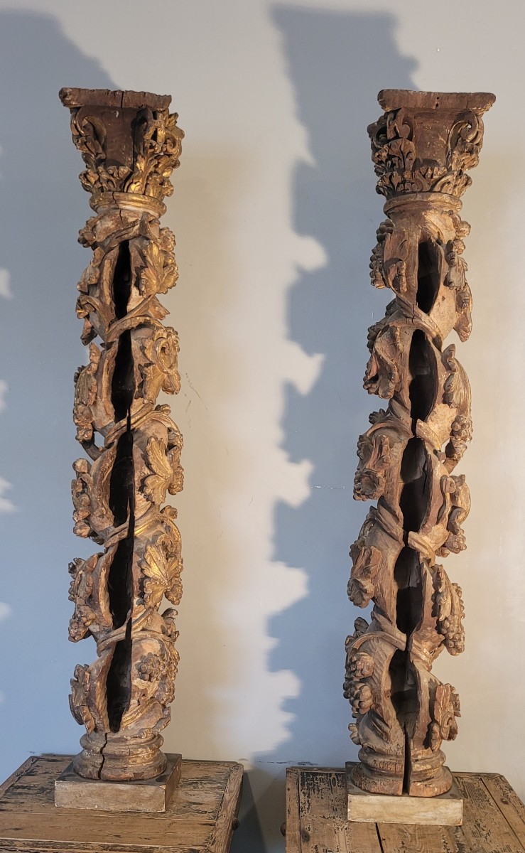 Pair Of Painted And Gilded Wood Columns Italy 17th Century-photo-1