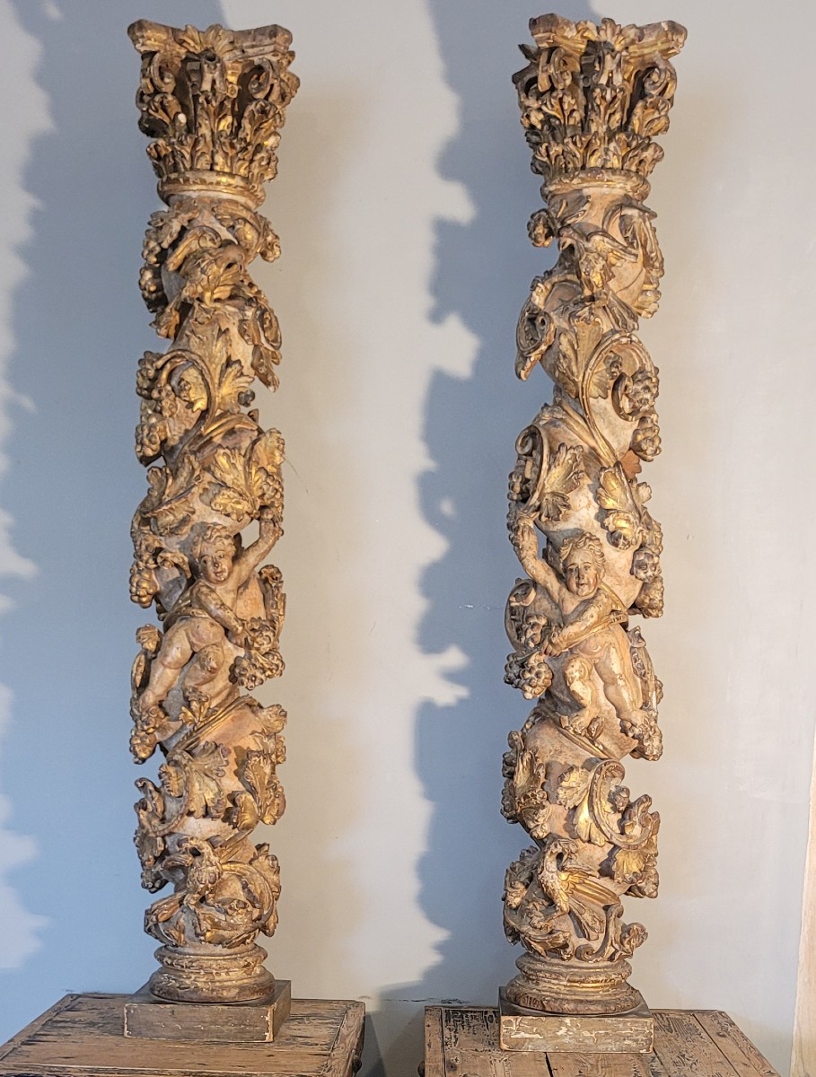 Pair Of Painted And Gilded Wood Columns Italy 17th Century-photo-2