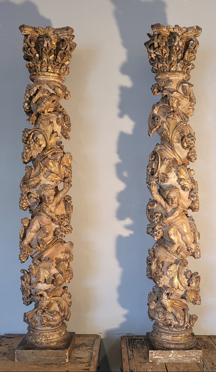 Pair Of Painted And Gilded Wood Columns Italy 17th Century