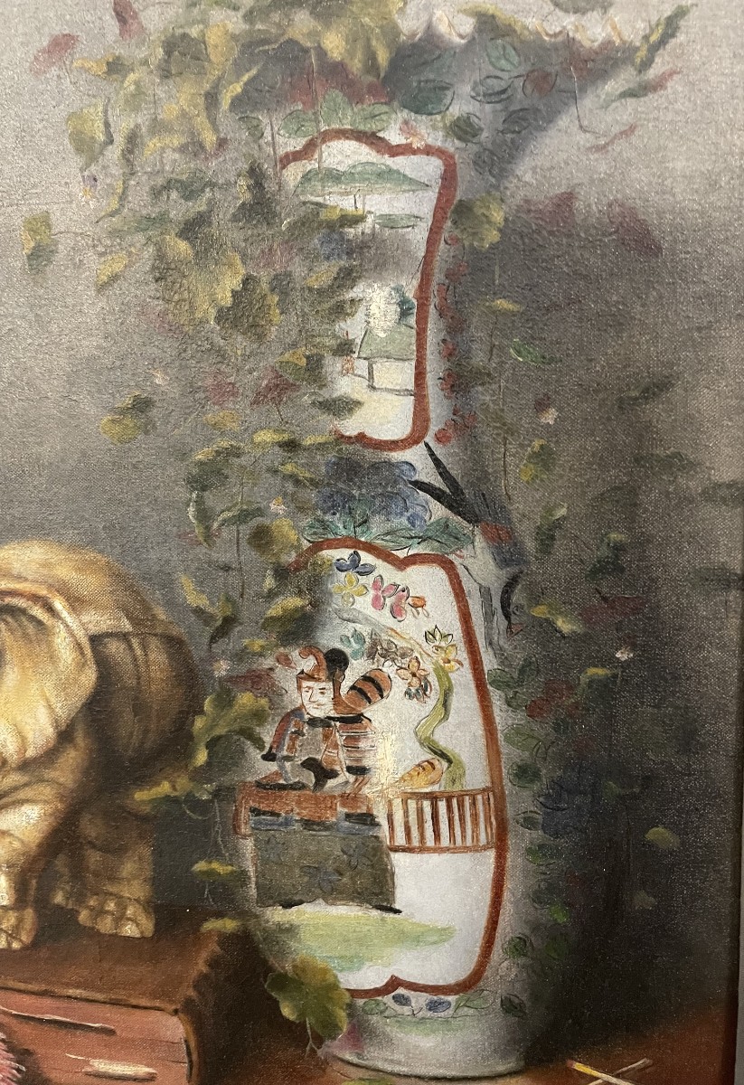 Tableau   Huile sur Toile XIX  "éléphant et vase japonais "signé et daté 1897-photo-2