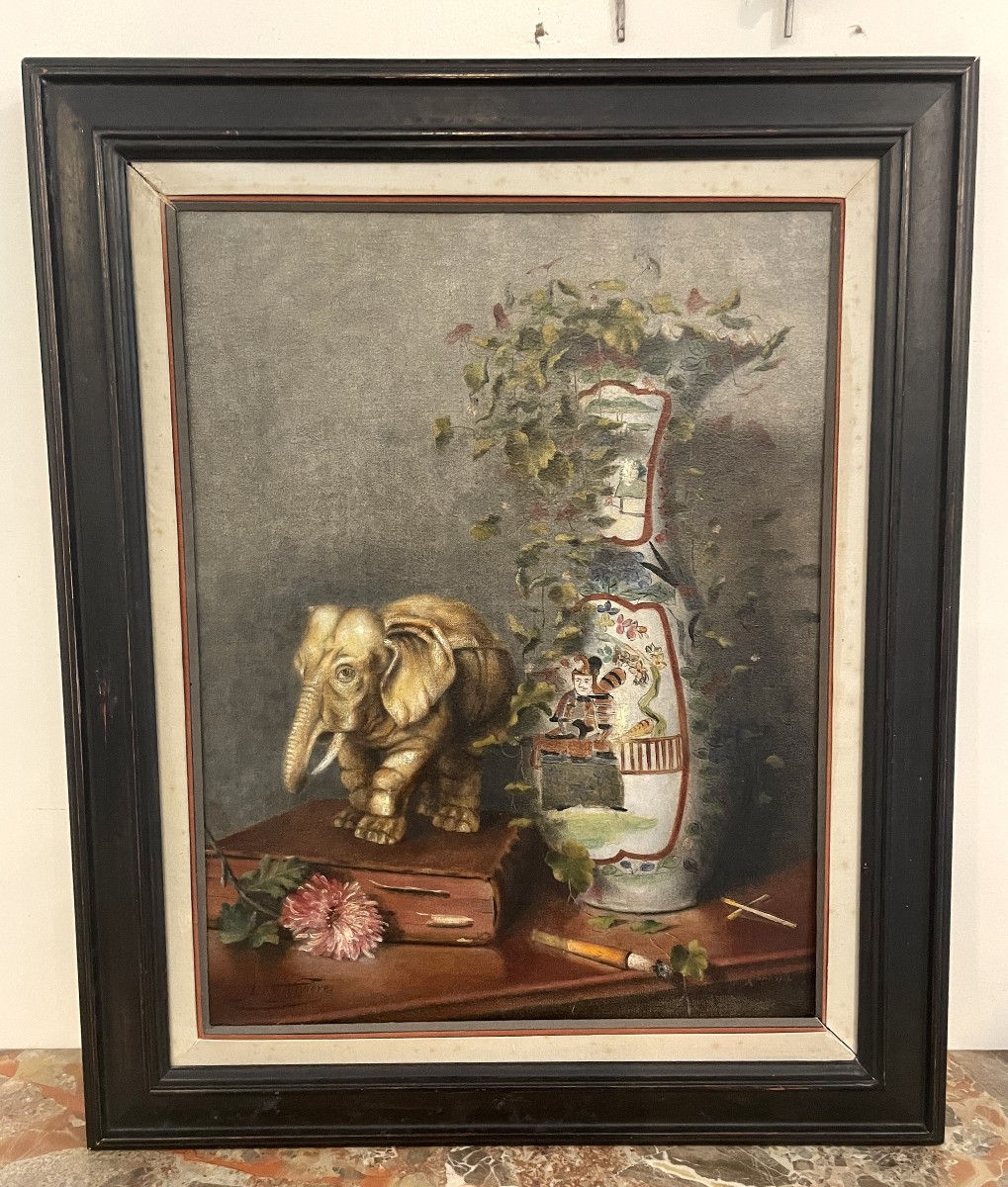 Tableau   Huile sur Toile XIX  "éléphant et vase japonais "signé et daté 1897-photo-2