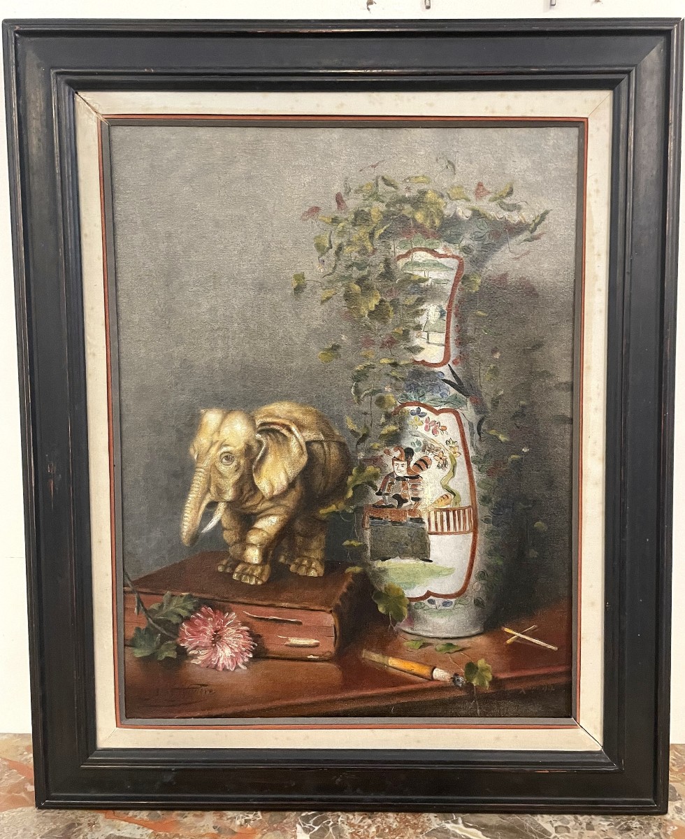 Tableau   Huile sur Toile XIX  "éléphant et vase japonais "signé et daté 1897