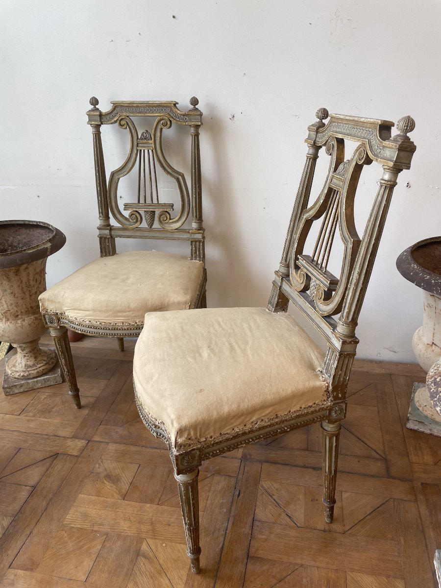 Pair Of Chairs With Lyre-shaped Backrests, Louis XVI Period-photo-4