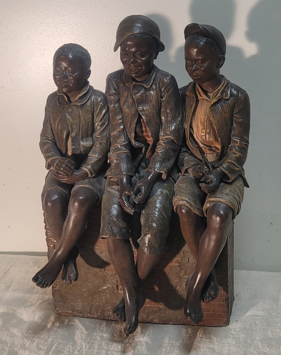 Goldsheider, "terracotta": Three Children At The Photographer's Studio, Circa 1893-photo-4