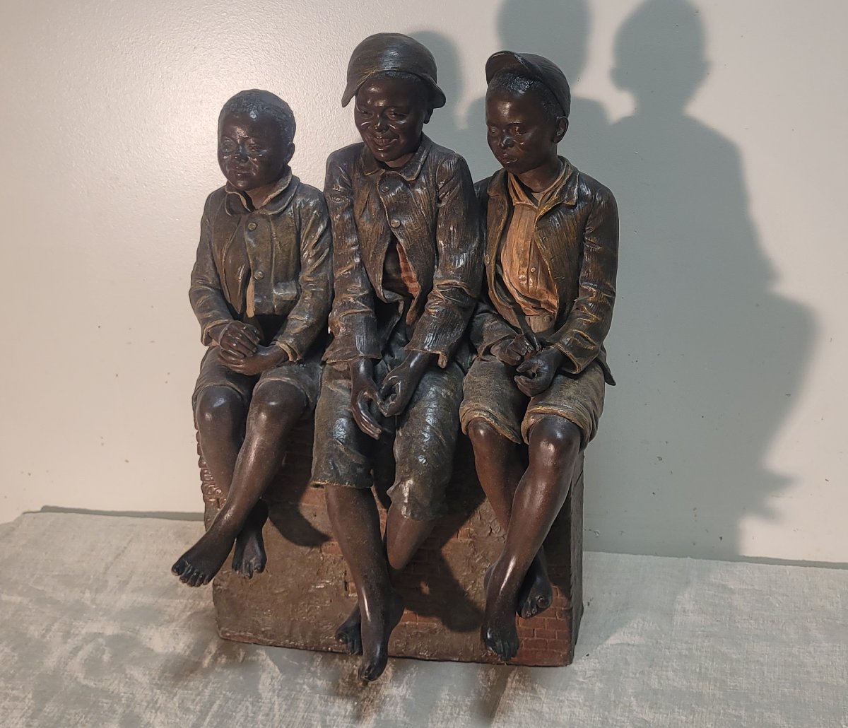 Goldsheider, "terracotta": Three Children At The Photographer's Studio, Circa 1893