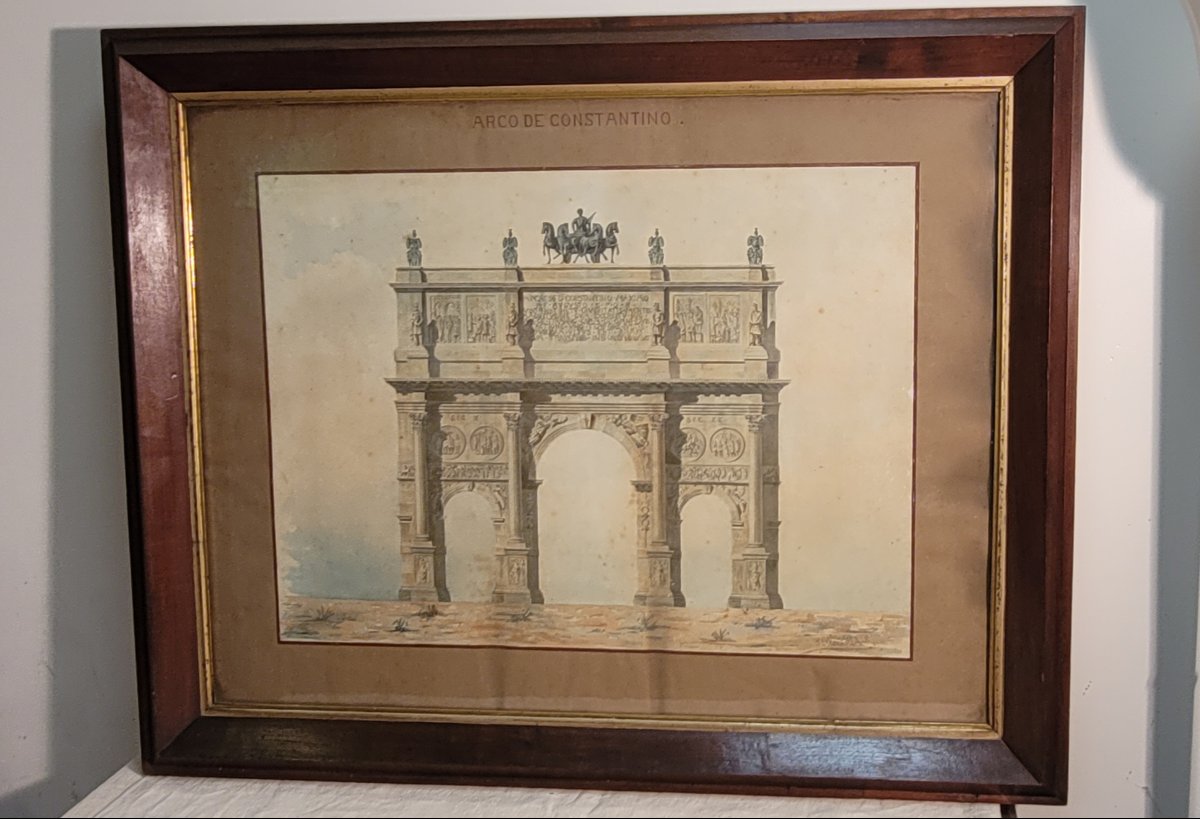 Aquarelle Néo-Classique représentant l' Arc Constantin fin XIXème-photo-4