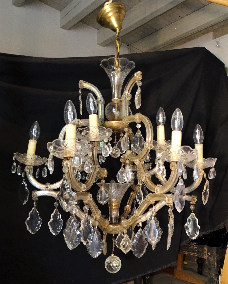 Lustre Vénitien En Verre Et Cristal A 9 Lumières Début XX 