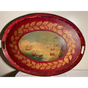 Painted Sheet Tray Directoire Period Marine Scene