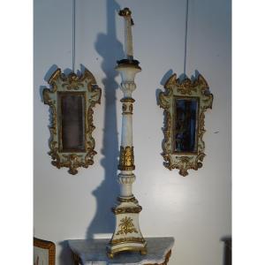 Large Candlestick In Painted And Gilded Wood Italy Early XIX
