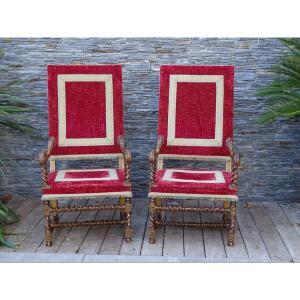 Pair Of Louis XIV Style Ceremonial Armchairs In Golden Wood, 19th Century