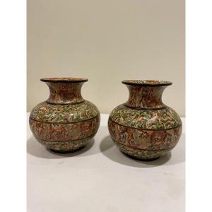 Pair Of Pichon D Uzes Vases Terres Mélées Period 1880 1900