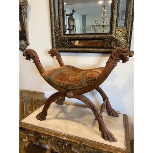 Curule Stool Molded And Carved Armrest In The Shape Of A Lion Head 19 Century