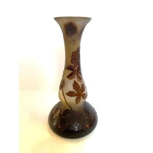Miniature Gallé Vase, Proof In Multi-layer Glass With Acid-etched Floral Decoration, Signed 