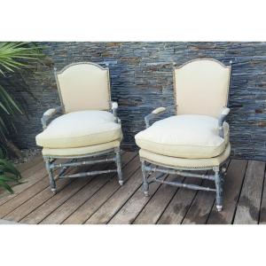 Paire de Fauteuils Provençaux  en bois peint début XIX ème 
