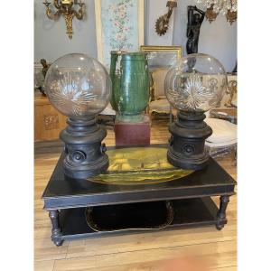 Pair Of Pharmacy Balls With Their Original Base, 19th Century 