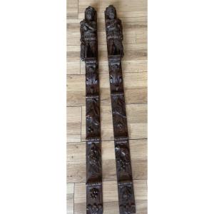 Pair Of 17th Century Oak Pilasters With Hunting Decor