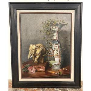 Tableau Huile sur Toile XIX "éléphant et vase japonais "signé et daté 1897