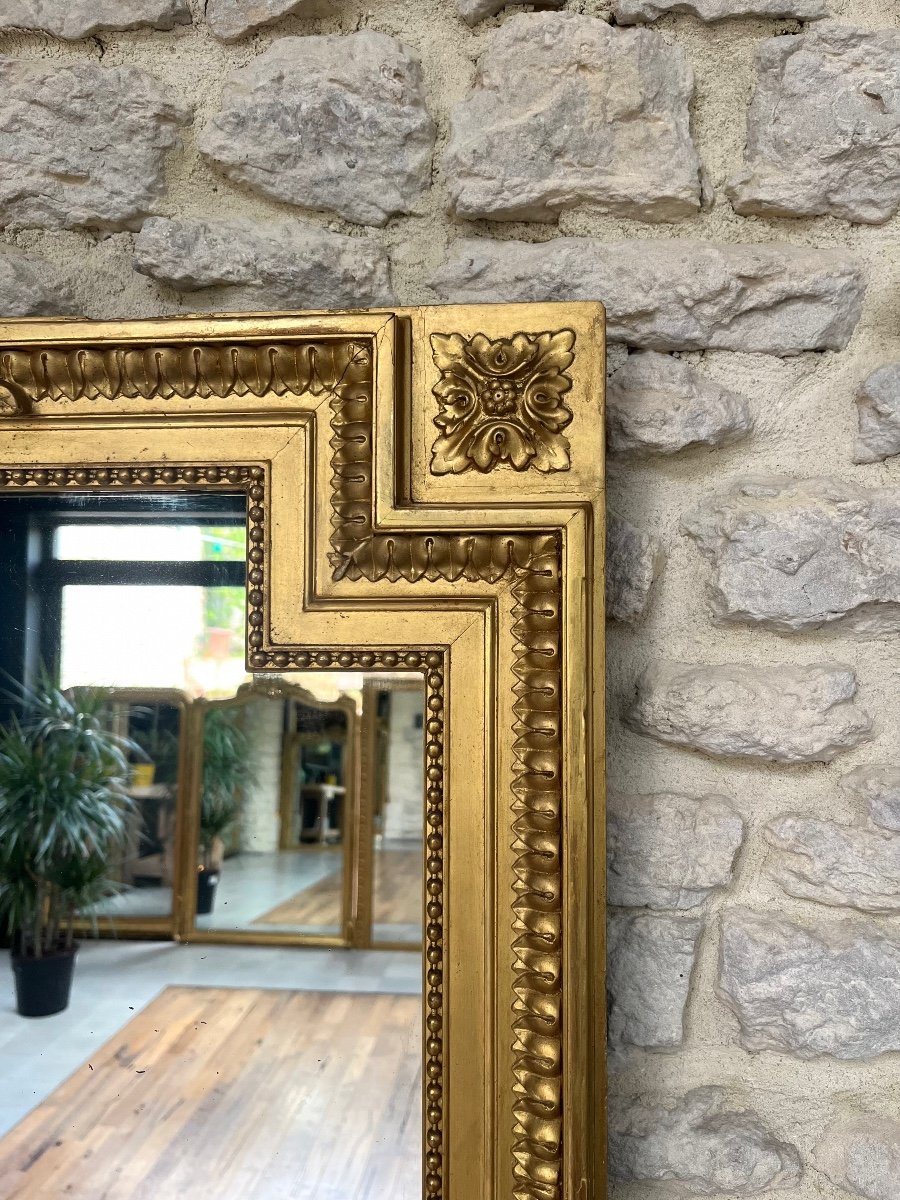 Miroir De Cheminée Perlé à Fronton, 195,5cm/110cm, Doré à La Feuille D’or époque Fin 19ème.  -photo-3