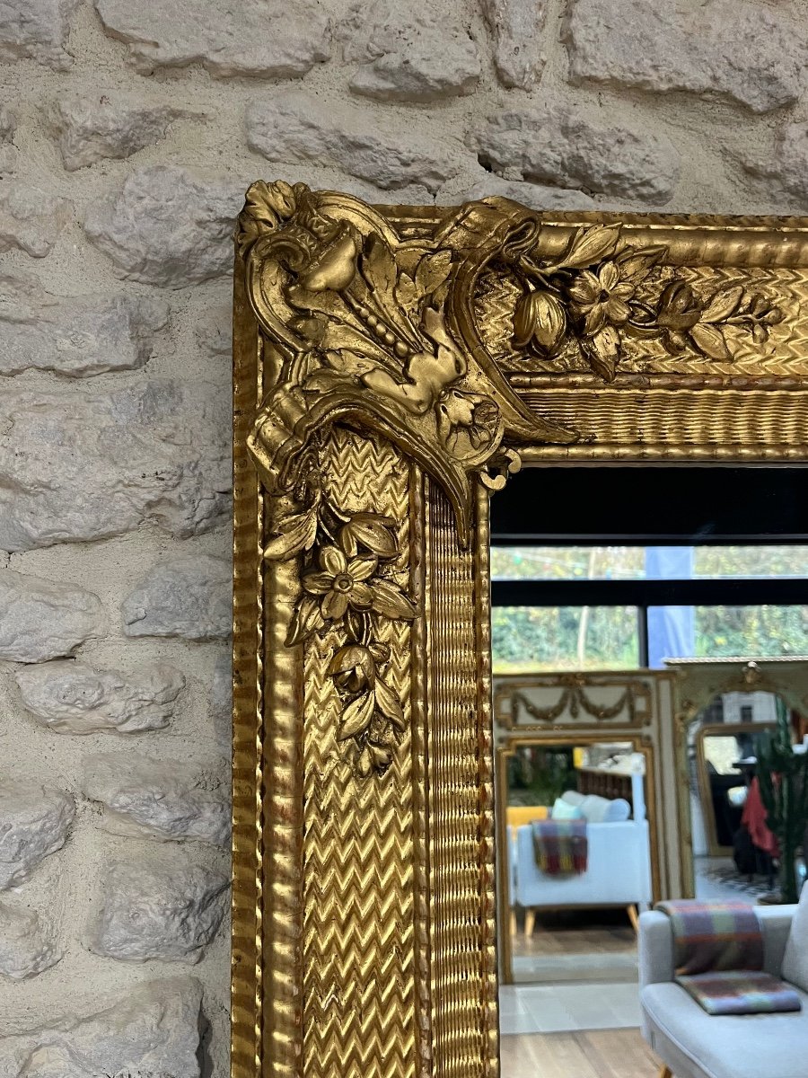 Miroir De Cheminée Doré à La Feuille D’or époque Début 19eme, Glace Pas D’origine -photo-6