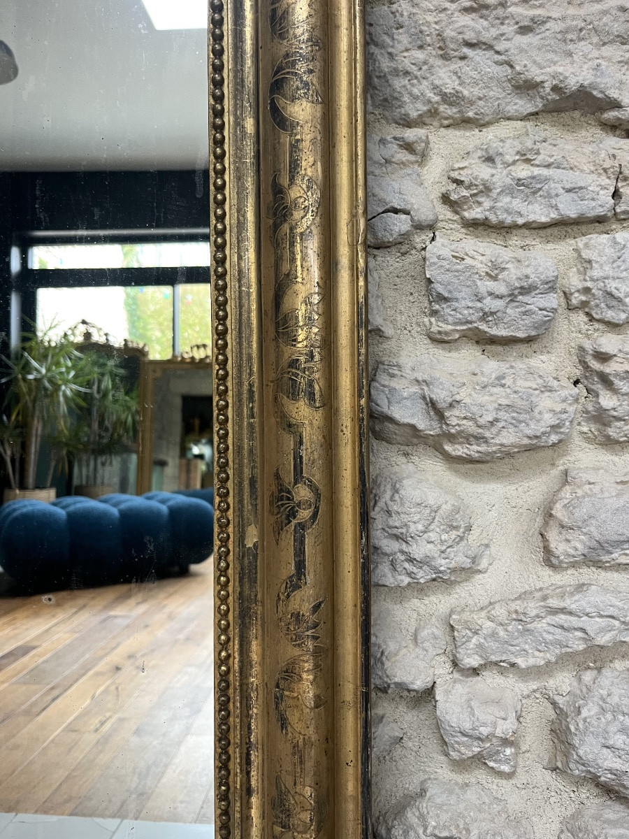 Miroir Ancien Louis-philippe à Fronton Et Perlé Doré à La Feuille D’argent 155,5cm/77,5cm-photo-3