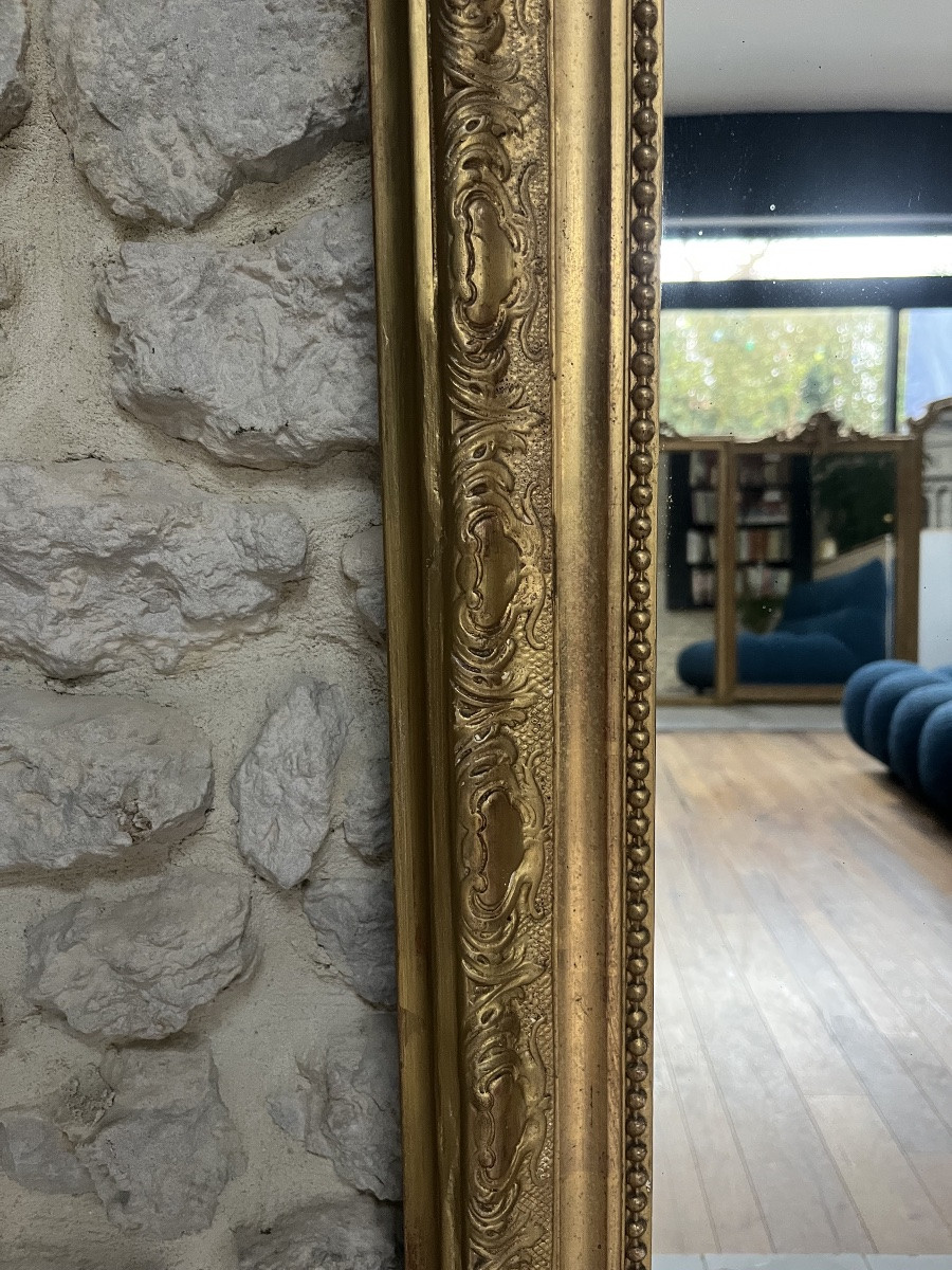 Miroir Ancien Louis-philippe à Fronton Et Perlé Doré à La Feuille D’or, 153,5cm/98cm-photo-5