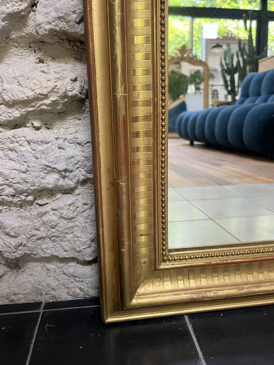 Louis-philippe Mirror With Pediment And Pearls Gilded With Gold Leaf 119cm/77cm Geometric Decorations-photo-6