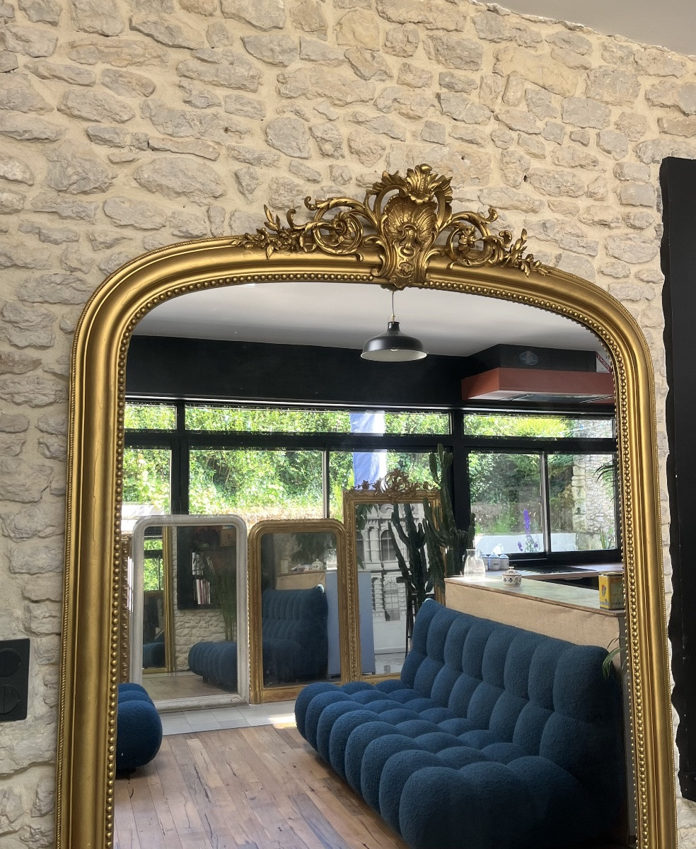 Large Antique Mirror 232.5cm/148.5cm Louis-philippe With Pediment And Pearls, Mercury Glass -photo-4