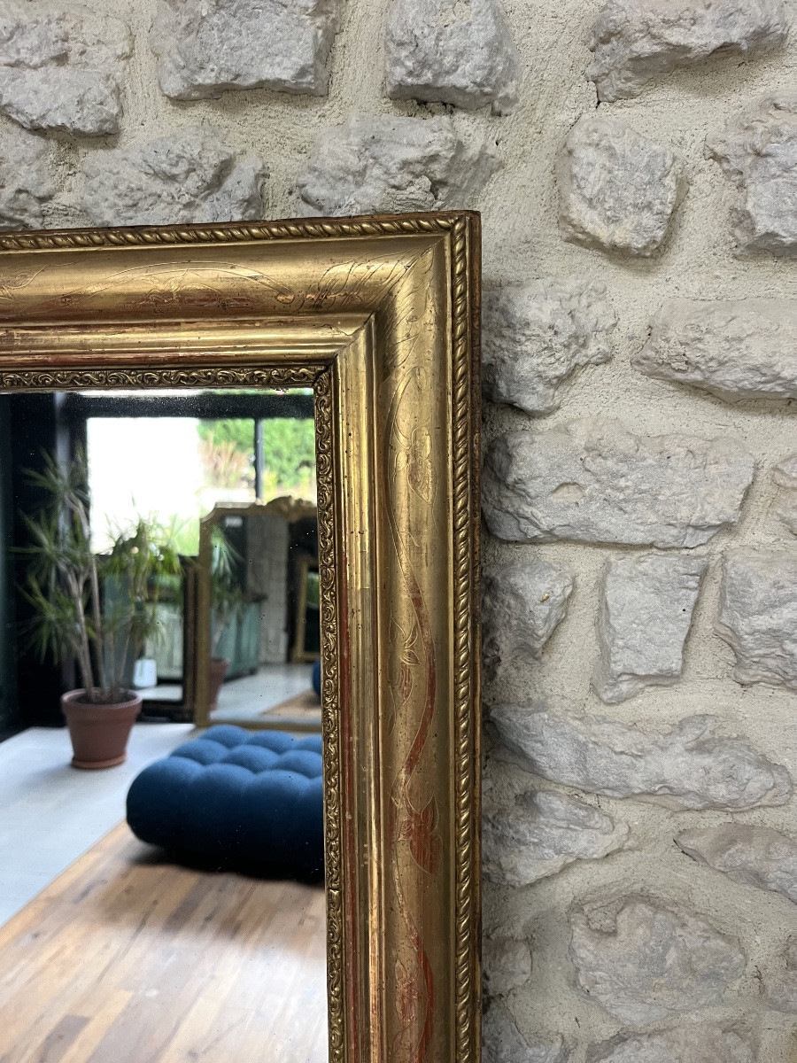 Miroir doré à la feuille d’or époque début 19ème, glace au mercure, parqueté au dos.-photo-1