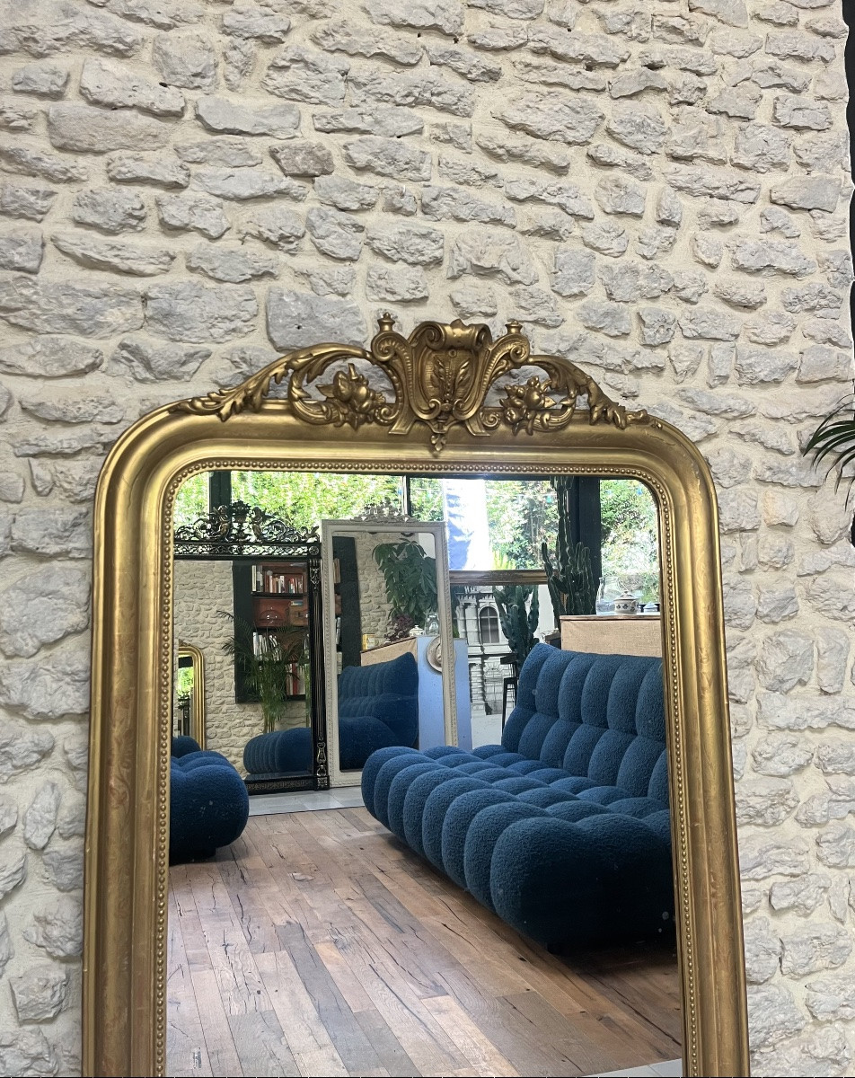 Miroir ancien Louis Philippe à fronton, perlé époque fin 19ème, présence de feuille d’oreille.-photo-2