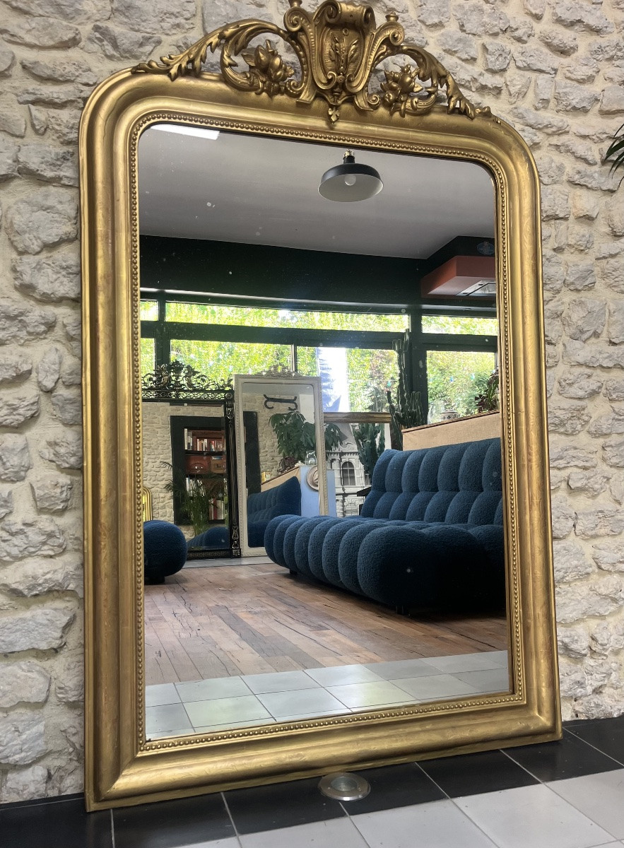 Miroir ancien Louis Philippe à fronton, perlé époque fin 19ème, présence de feuille d’oreille.-photo-3