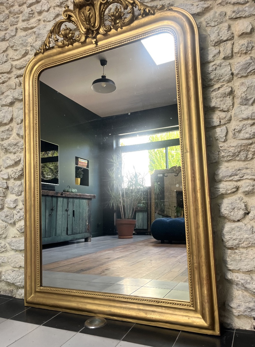 Miroir ancien Louis Philippe à fronton, perlé époque fin 19ème, présence de feuille d’oreille.-photo-3