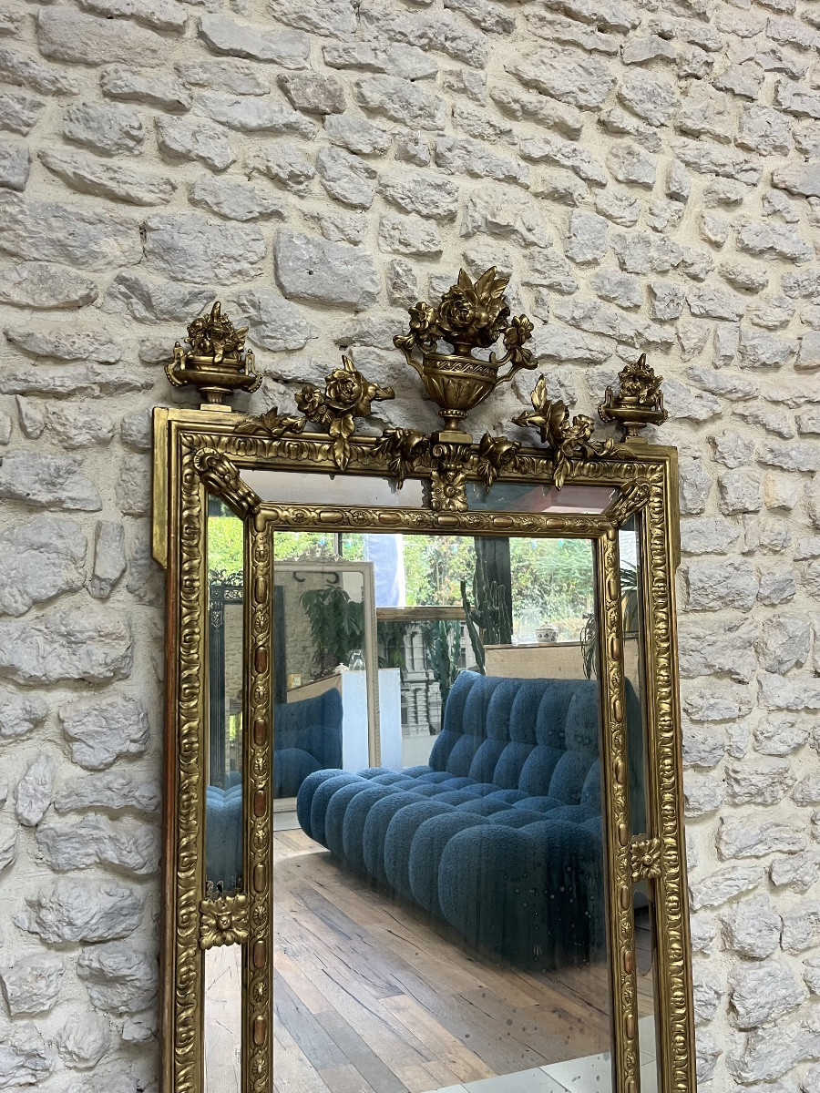 Miroir ancien 151cm à parecloses époque fin 19ème, glaces piquées, parqueté au dos.-photo-3