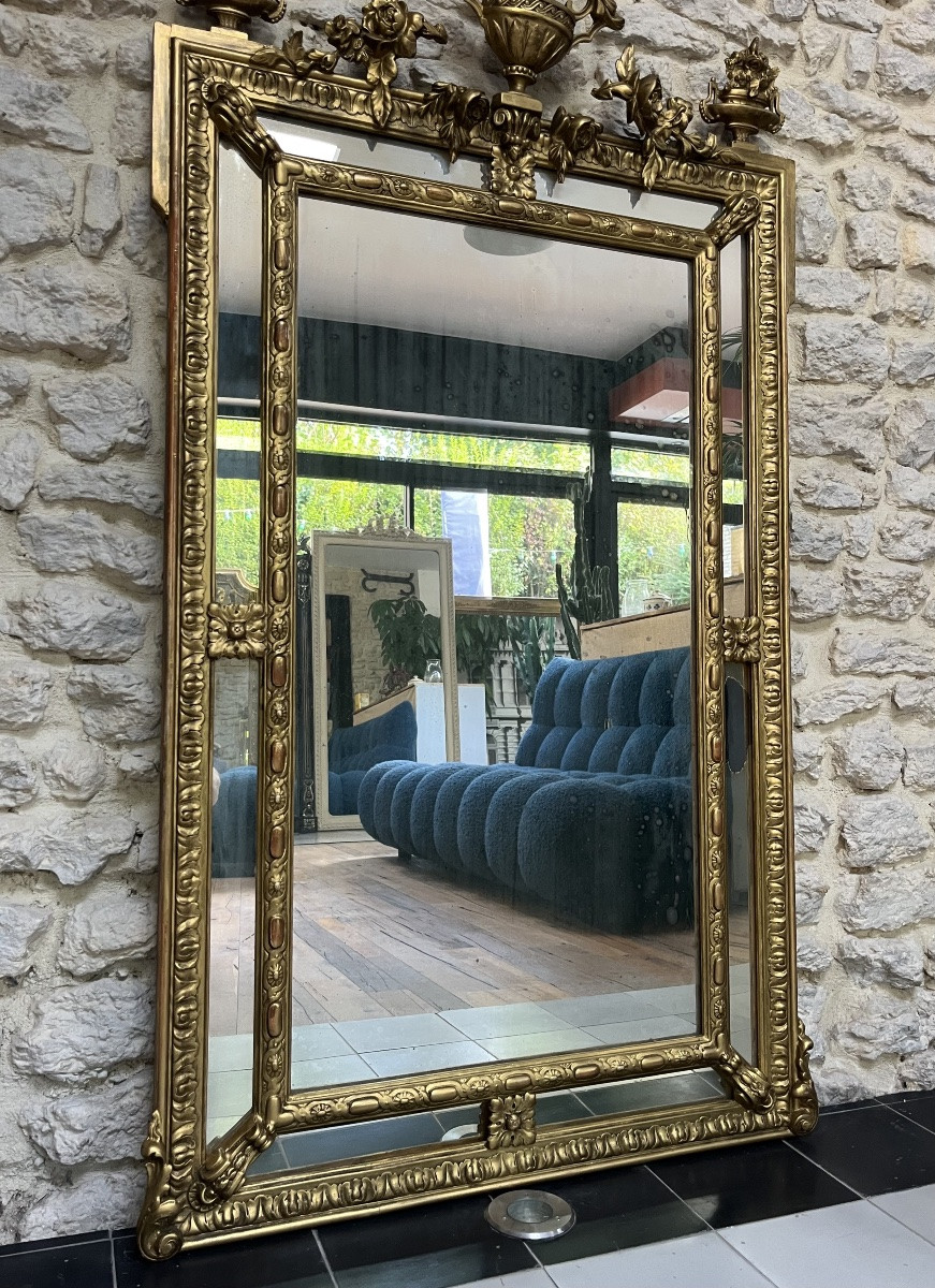 Miroir ancien 151cm à parecloses époque fin 19ème, glaces piquées, parqueté au dos.-photo-4