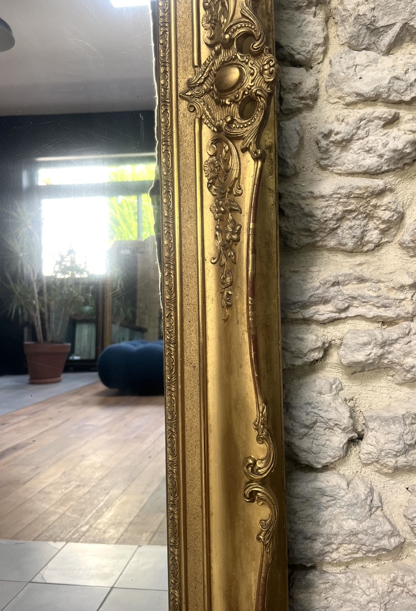 Miroir de cheminée 165cm époque empire doré à la feuille d’or, glace piquée, parquet au dos.-photo-2