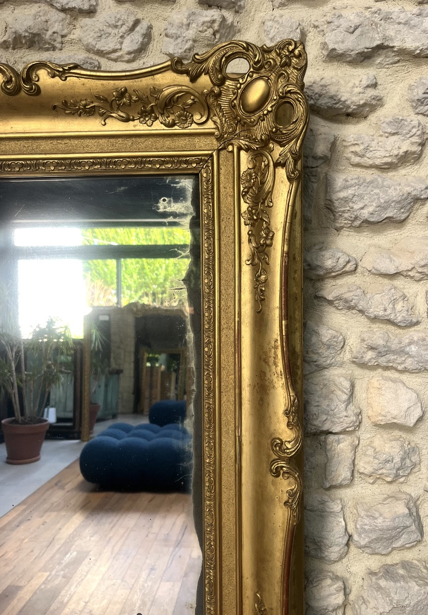 Miroir de cheminée 165cm époque empire doré à la feuille d’or, glace piquée, parquet au dos.-photo-4