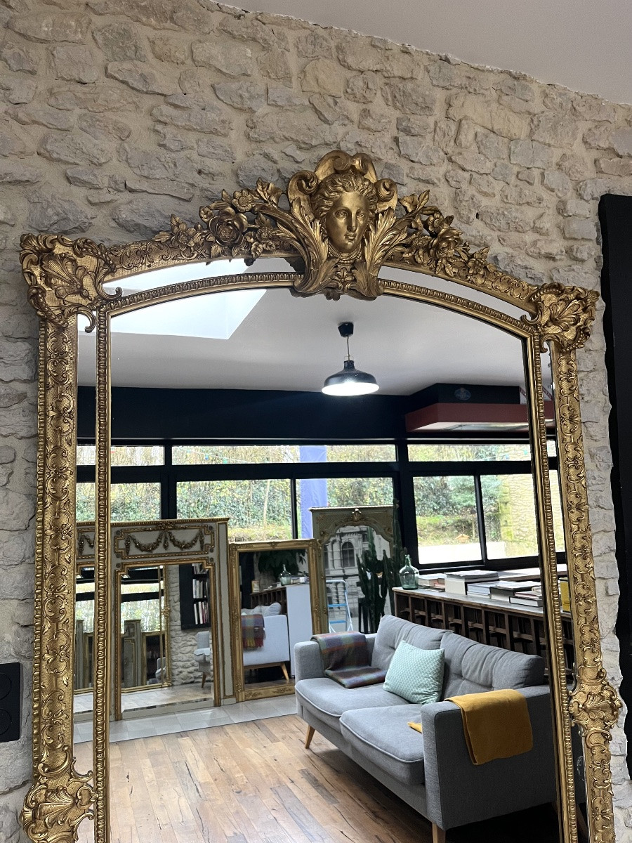 244cm Fireplace Mirror Louis XIV Parecloses, Regency Gilded With Gold Leaf, Mercury Mirrors.-photo-2