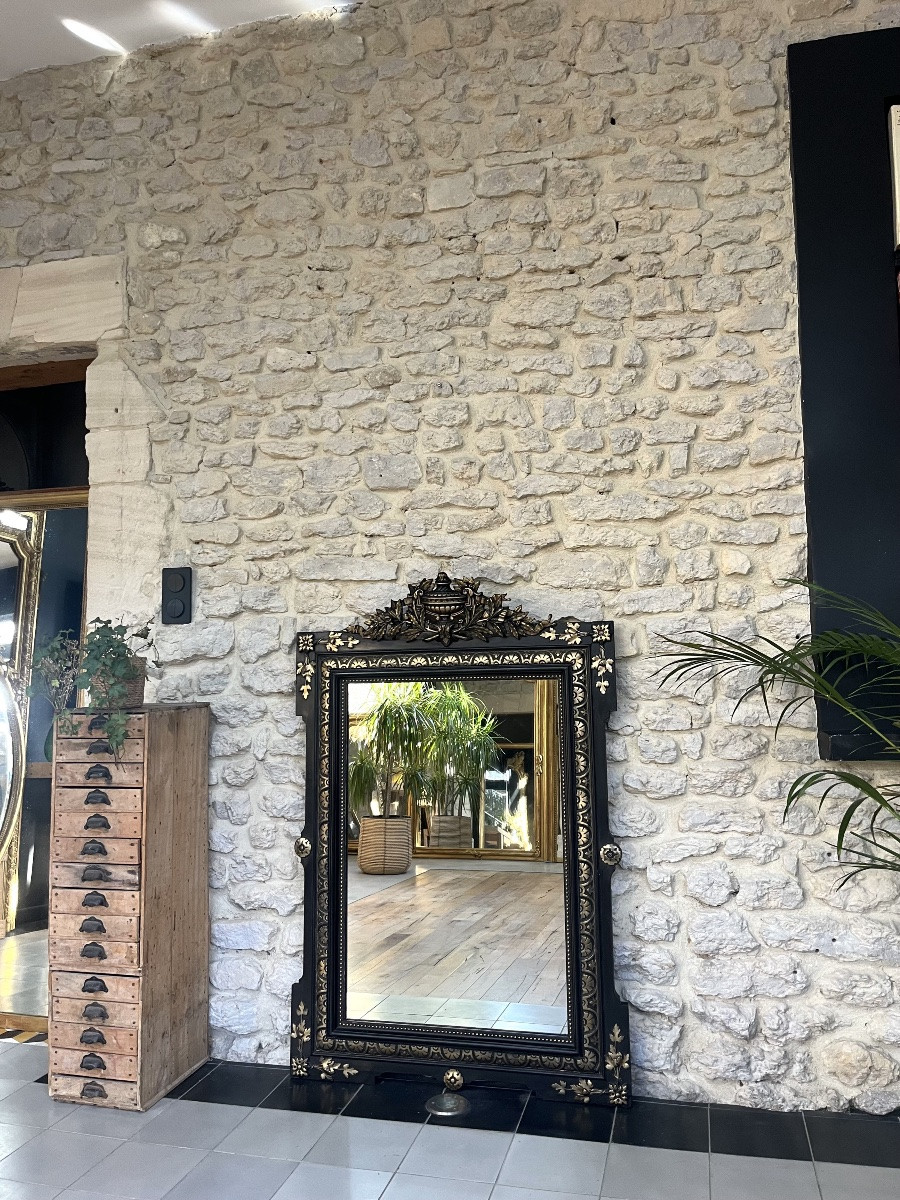Antique Mirror With Pediment And Pearls, Napoleon III Period, Slightly Pitted Glass, Fireplace Trumeau.-photo-2