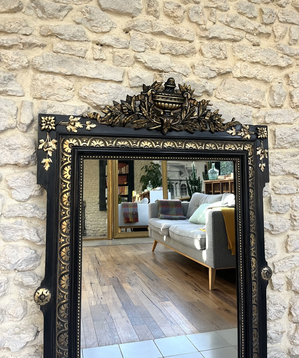 Antique Mirror With Pediment And Pearls, Napoleon III Period, Slightly Pitted Glass, Fireplace Trumeau.-photo-3