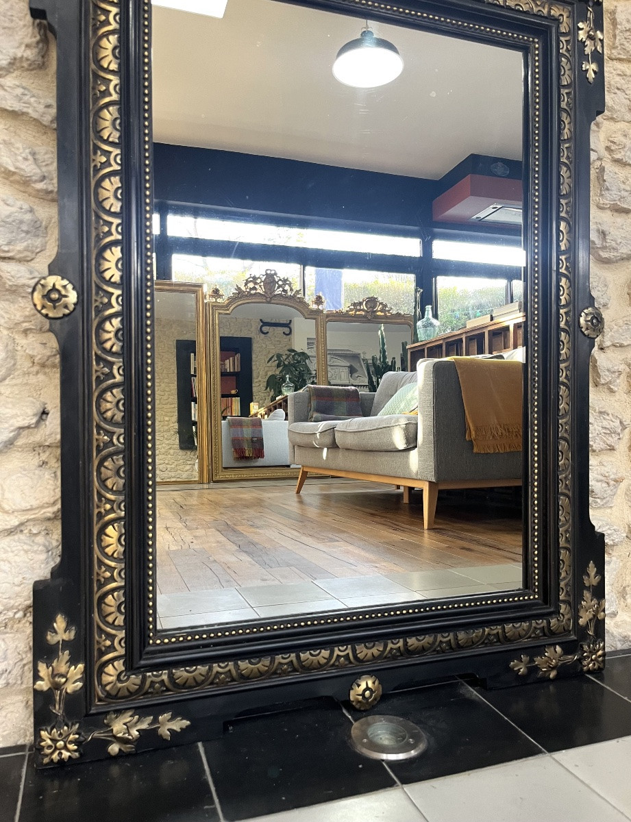 Antique Mirror With Pediment And Pearls, Napoleon III Period, Slightly Pitted Glass, Fireplace Trumeau.-photo-4