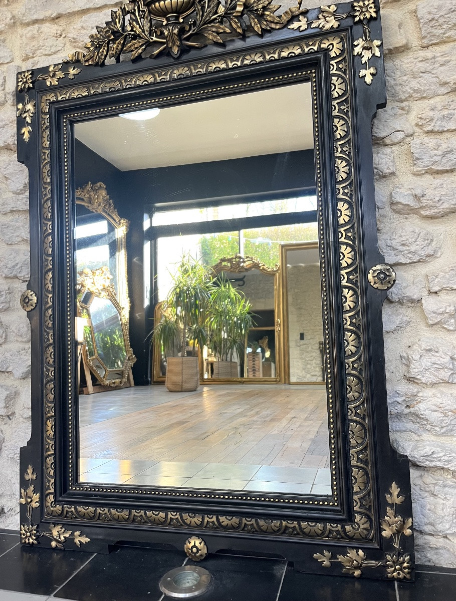 Antique Mirror With Pediment And Pearls, Napoleon III Period, Slightly Pitted Glass, Fireplace Trumeau.-photo-2