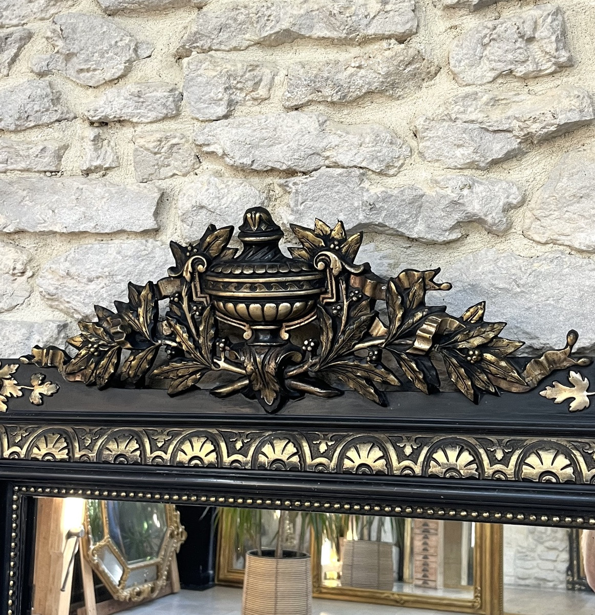 Antique Mirror With Pediment And Pearls, Napoleon III Period, Slightly Pitted Glass, Fireplace Trumeau.-photo-6