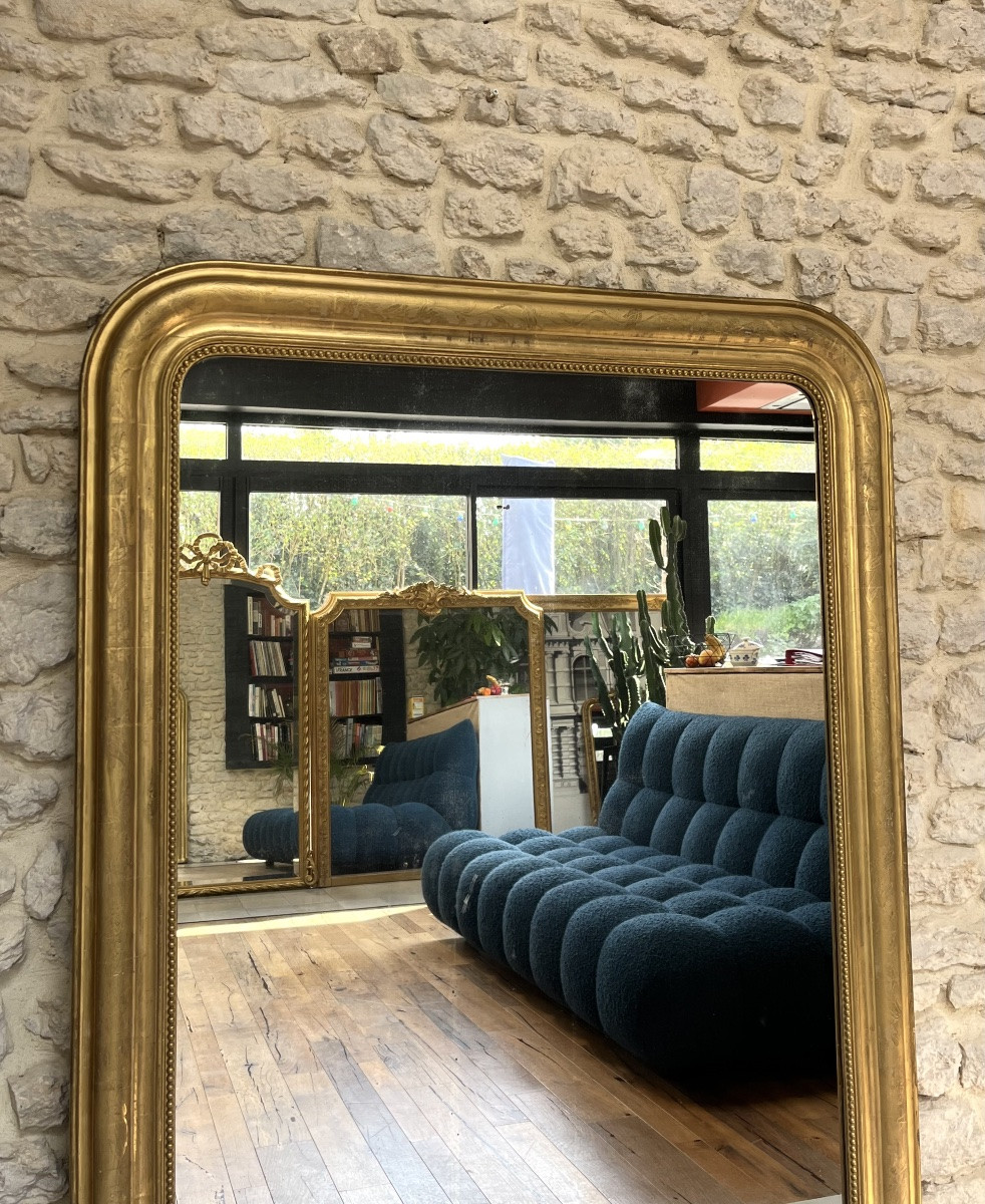 Louis-philippe Mirror 151cm Pearl Gilded With Gold Leaf Floral Decoration, Fireplace Trumeau.-photo-3