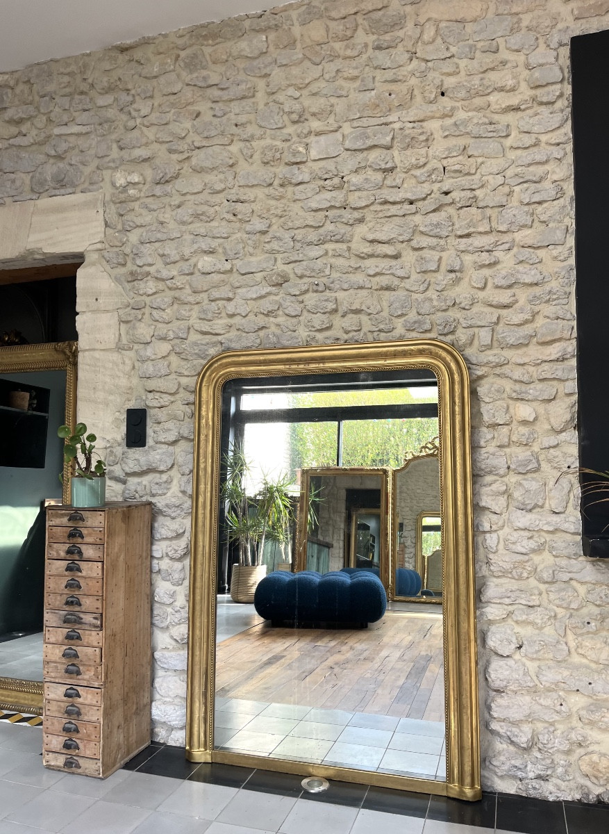 Louis-philippe Mirror 151cm Pearl Gilded With Gold Leaf Floral Decoration, Fireplace Trumeau.