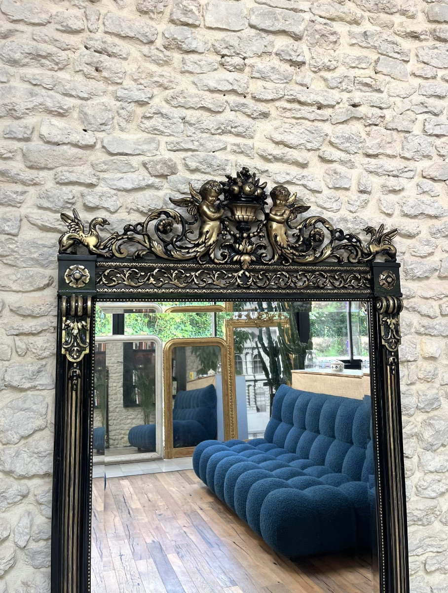 Miroir 179cm à frontons chiméres et perlé époque Napoléon III glace biseautée trumeau cheminée -photo-3