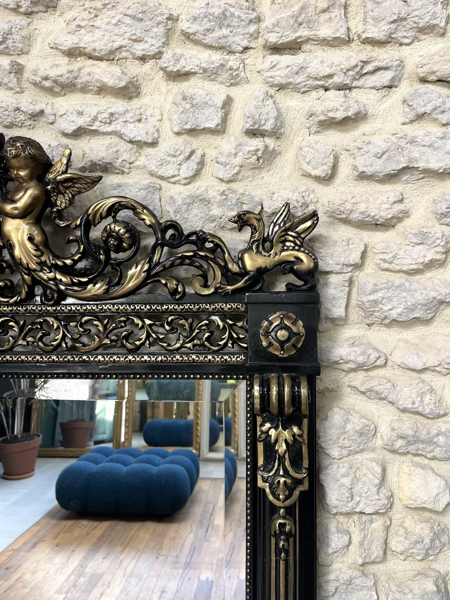 Miroir 179cm à frontons chiméres et perlé époque Napoléon III glace biseautée trumeau cheminée -photo-3