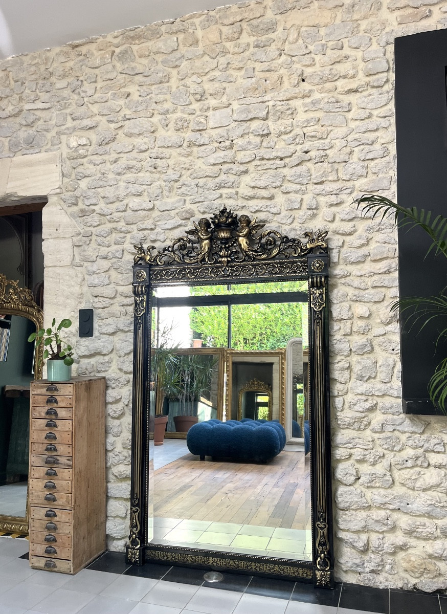 Miroir 179cm à frontons chiméres et perlé époque Napoléon III glace biseautée trumeau cheminée 
