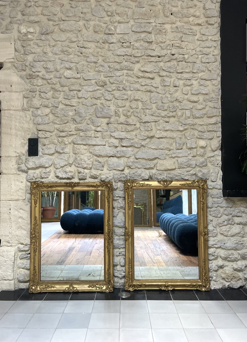 Miroirs époque début 19ème dorés à la feuille d’or, glaces mercure, trumeau cheminée 